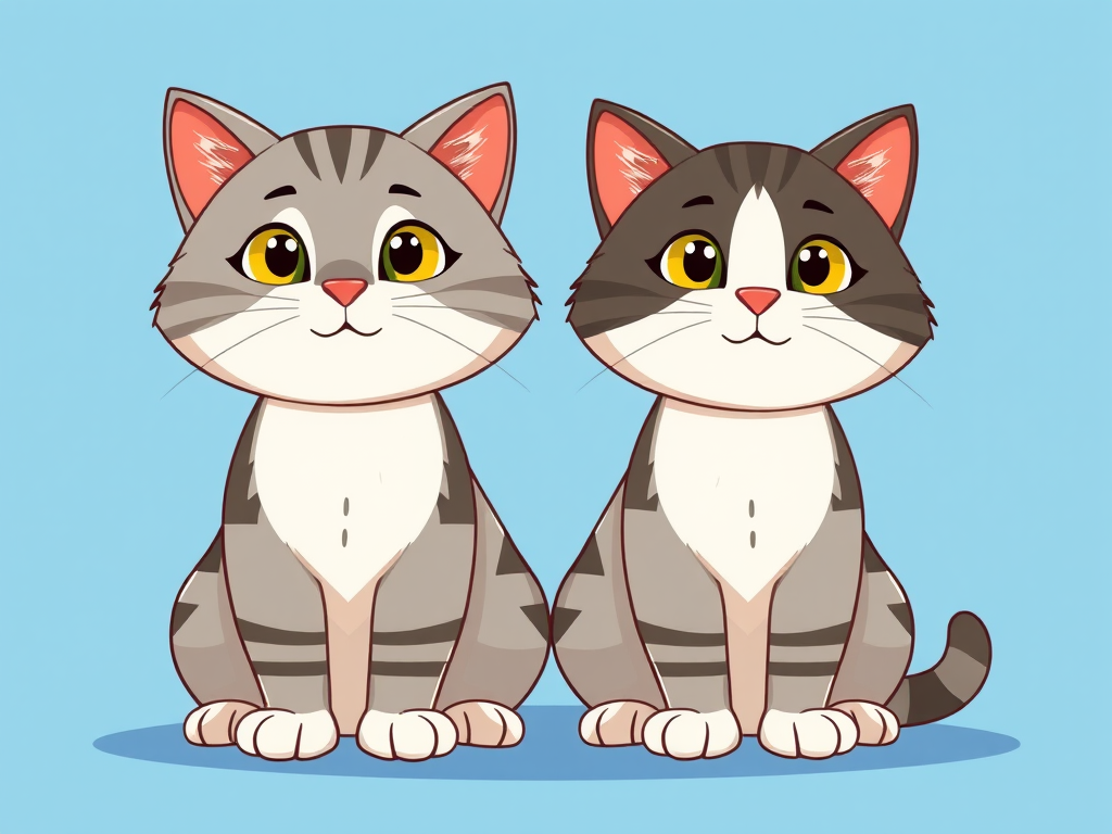 Create a digital illustration of two cartoon cats sitting side by side, one with a gray head and a white body, the other with a similar design, use a flat blue background, camera type: digital illustration, camera view: front-facing, camera style: vector art, enhance image quality with high resolution and vibrant colors.