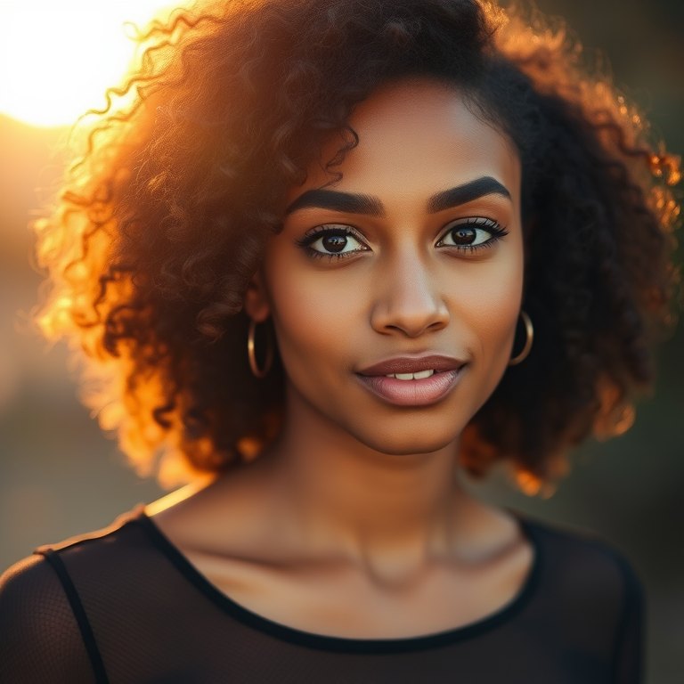 portrait of a woman with curly hair in a sheer black top, soft focus background, golden hour lighting, DSLR camera, aperture f/1.8, shutter speed 1/200s, ISO 200, 50mm lens