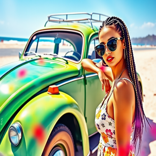 Create a vibrant watercolor image of a woman with sunglasses and braids leaning against a vintage green beetle car on a beach, captured with a Canon EOS R5, 50mm lens, aperture f/1.8, shutter speed 1/200s, ISO 100, natural lighting for enhanced image quality and clarity.