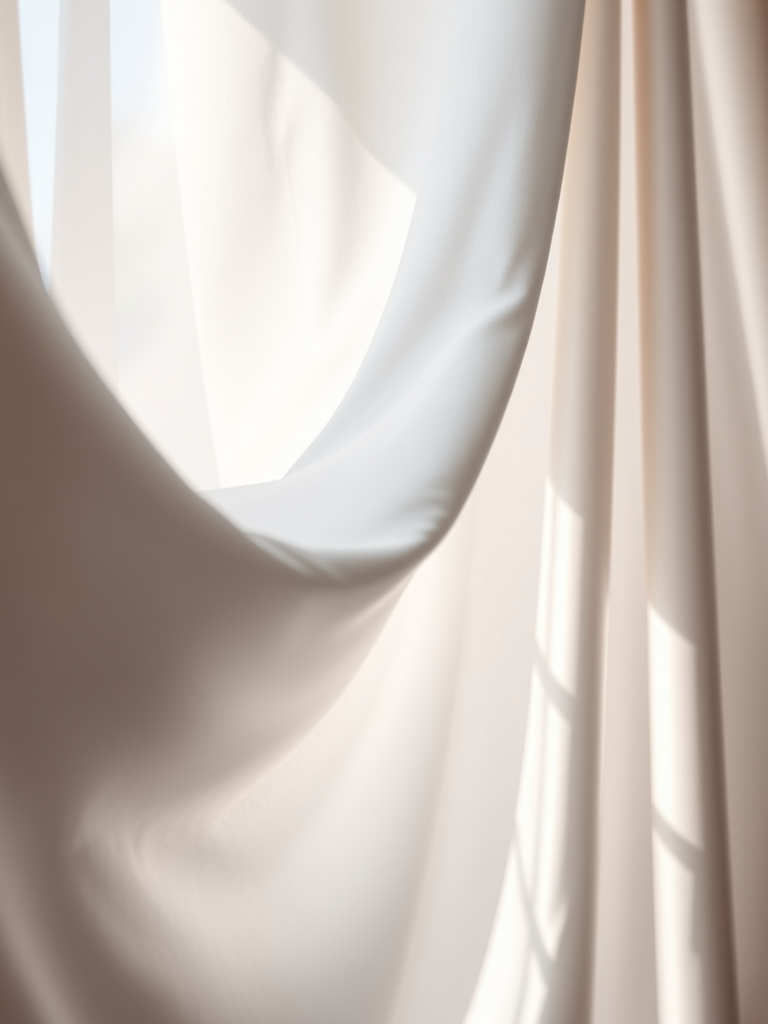 photorealistic image of a silky silver curtain draped elegantly, soft natural lighting, camera settings f/2.8, ISO 100, shutter speed 1/100s, camera view eye-level, shot with a DSLR camera, shallow depth of field to create a smooth bokeh effect in the background