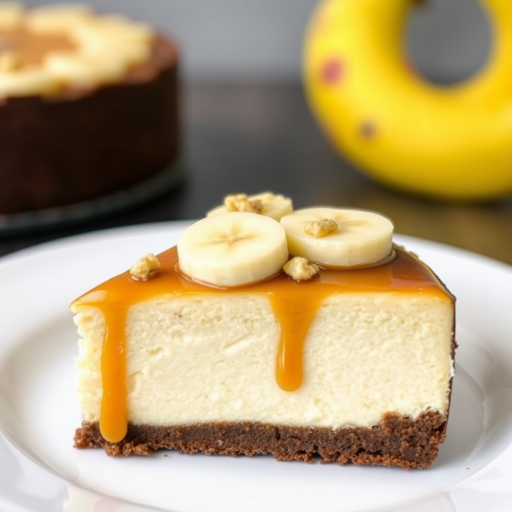 Create an image of a slice of banana caramel cheesecake with a smooth caramel topping drizzled over it topped with banana slices and chopped nuts on a white plate. The cheesecake should have a layered appearance with a chocolate crust and creamy filling.