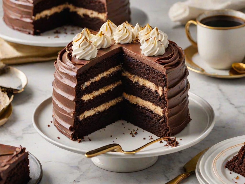 Create an image of a layered chocolate cake with cream frosting, showcasing a slice cut out to reveal the rich layers inside. The cake is on a marble countertop with a simple background, and there's a gold fork next to the plate.