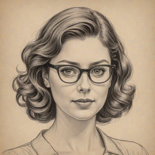 Enchanting Rachel Bloom, pencil sketch, portrait of Graceful woman 1949s in glasses, hair style beatnik, outline, clear lines, fine lines, 8k