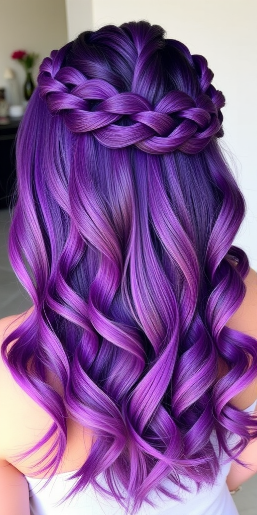 Regal purple ombre hair styled in the "Royal Radiance" fashion flows from deep amethyst roots to lavender tips, arranged in an intricate braided crown fit for royalty
