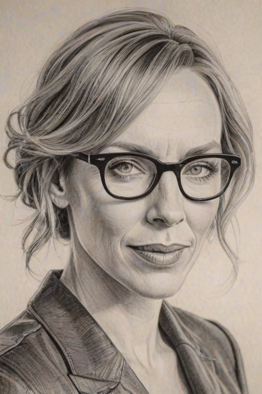 Radiant Toni Collette, pencil sketch, portrait of Pleasing woman 1932s in glasses, hair style beatnik, outline, clear lines, fine lines, 8k