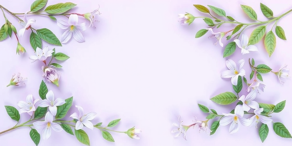 Create a digital illustration of a decorative floral frame featuring light purple flowers and green leaves surrounding a blank center on a light purple background, using a high-resolution format, with a 50mm lens, f/2.8 aperture, natural lighting, and an overhead angle.