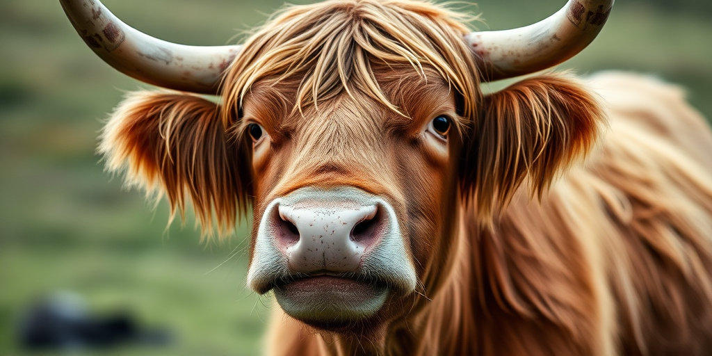 Highland cow portrait, shallow depth of field, natural lighting, 85mm lens, f/2.8 aperture, ISO 200, soft focus background, 1/200s shutter speed, taken from eye level.