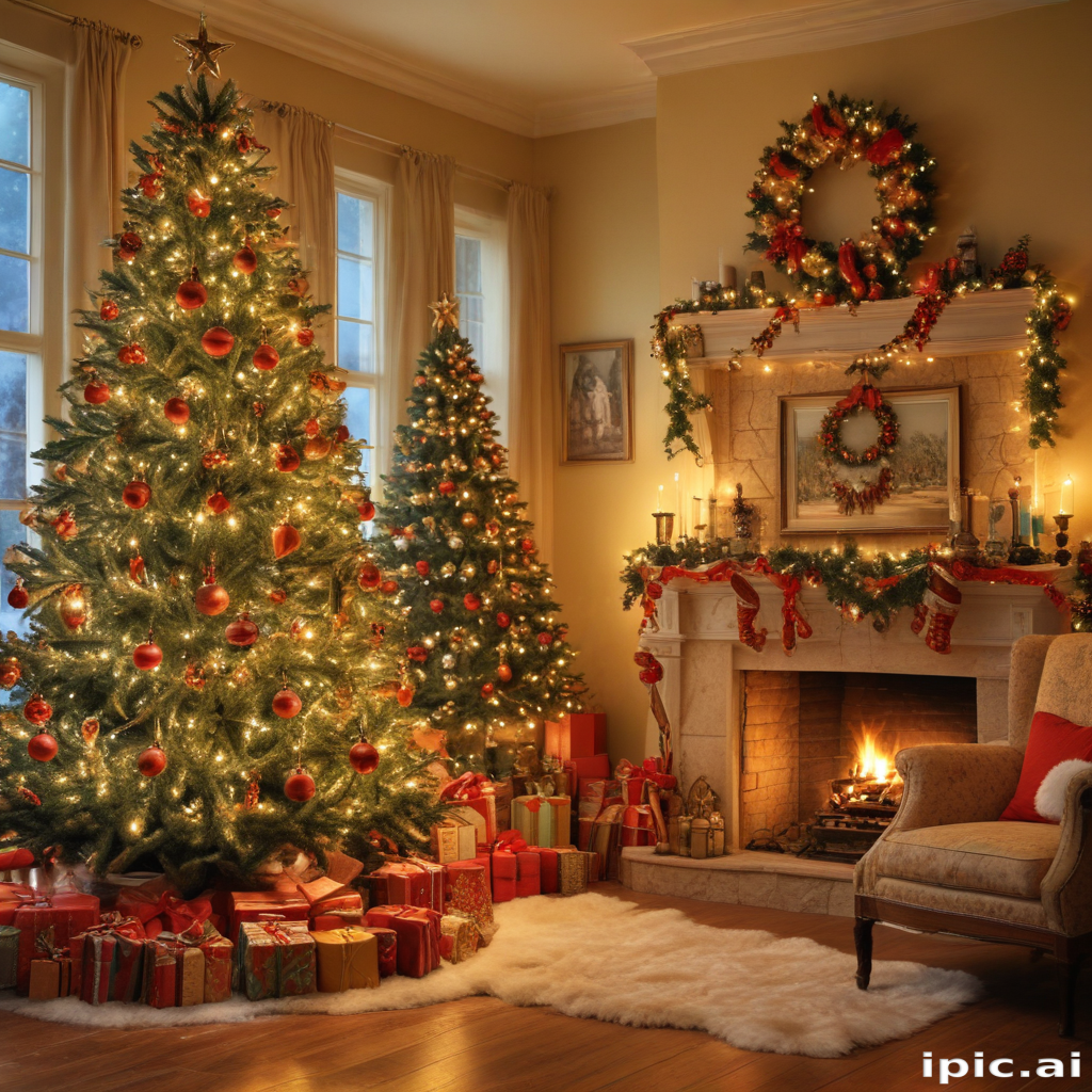 A Cozy Christmas Living Room Decorated with Beautiful Trees and Gifts.