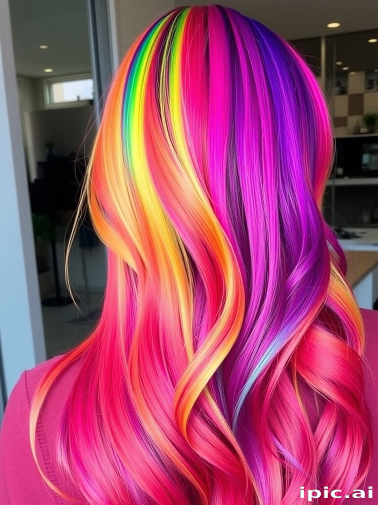 Whimsical rainbow ombré style called "Prism Cascade" blending seamlessly from vibrant red roots through the color spectrum to deep purple ends