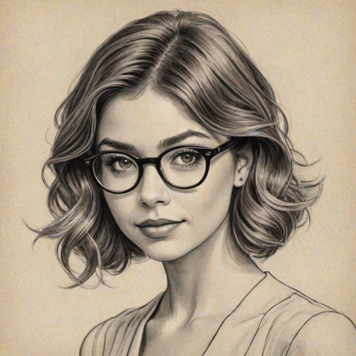 Radiant Sarah Hyland, pencil sketch, portrait of Bewitching woman 1928s in glasses, hair style beatnik, outline, clear lines, fine lines, 8k