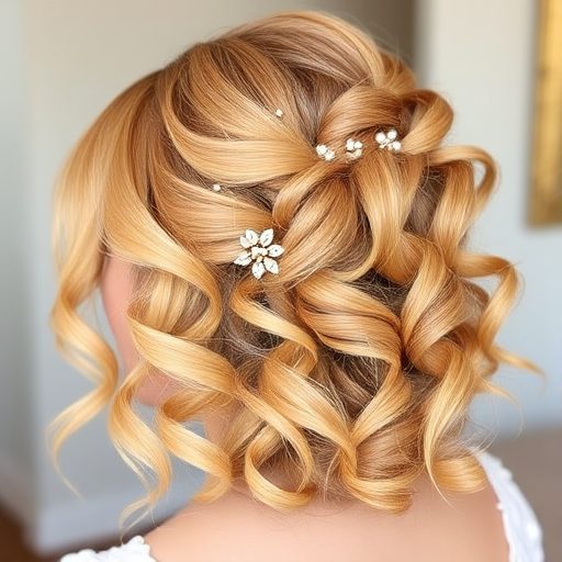 Radiant honey-blonde curls styled in a voluminous half-up, half-down look, adorned with delicate pearl pins scattered throughout, creating the romantic "Sweet Nectar" style