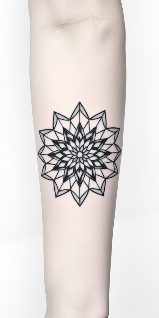 Minimalist blackwork tattoo called "Geometric Harmony" composed of precise, interconnected geometric shapes forming a mandala-like pattern, using varying line weights to create depth and dimension, with negative space incorporated to enhance the overall design, ideal for forearm or chest placement