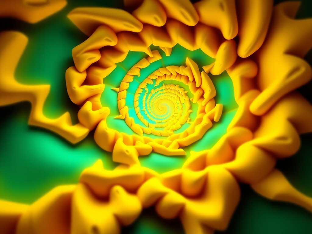 Create a vibrant fractal spiral design with a bright yellow and turquoise color scheme, using a macro lens, f-stop of f/8, ISO 100, and a wide-angle view to capture intricate details and enhance image quality.