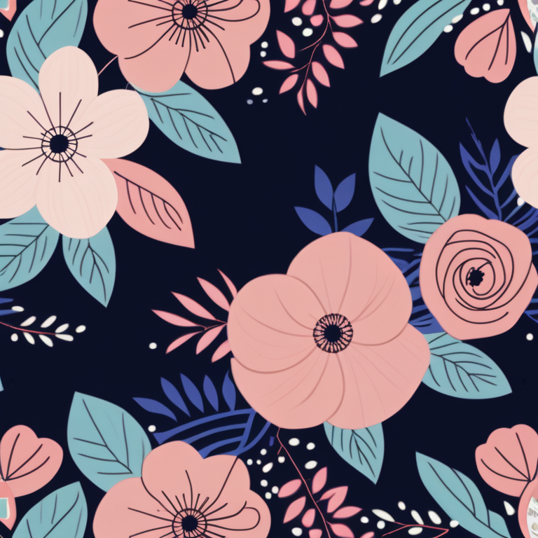 Vibrant Floral Pattern Featuring Various Flowers and Leaves on Dark ...