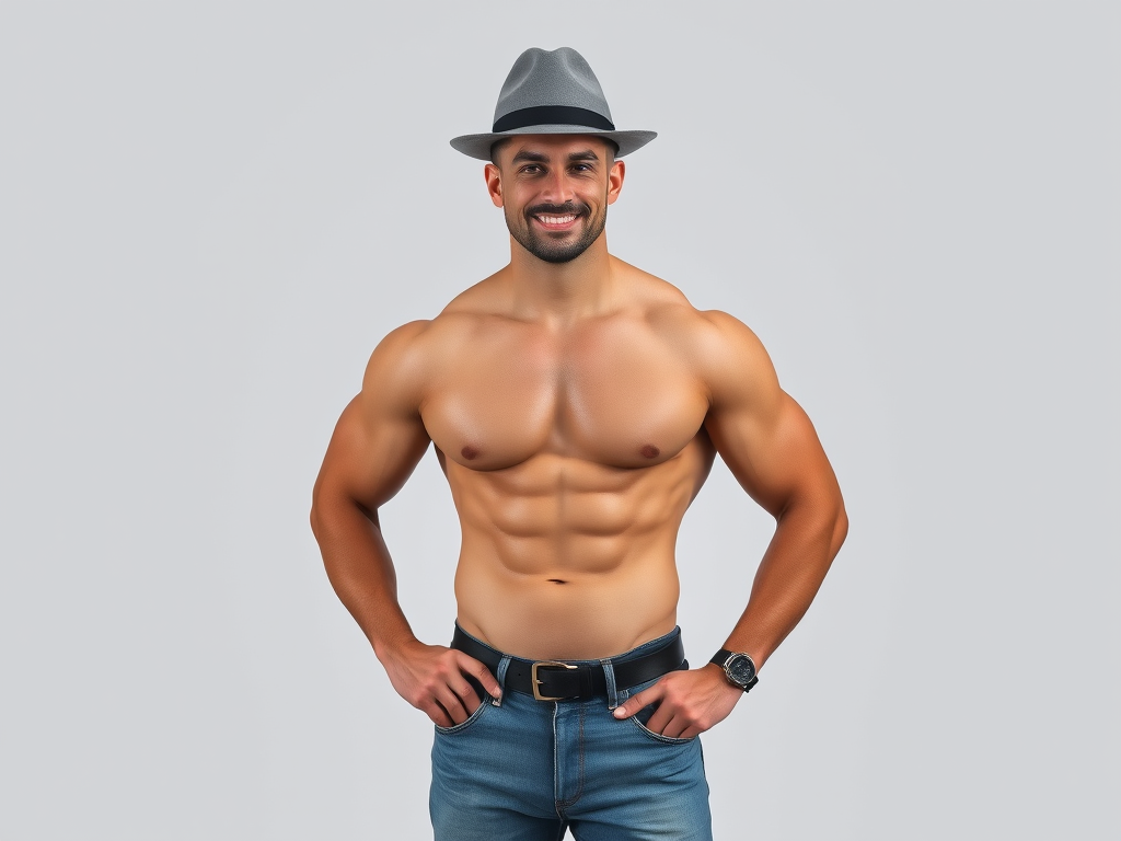 Generate a high-resolution image of a muscular man wearing a grey fedora and denim jeans, standing confidently with a slight smile, shot in a portrait style using a Canon EOS 5D Mark IV with an aperture of f/2.8, ISO 100, and a shutter speed of 1/125s, focusing on a clean background to enhance the subject's features.