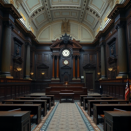 Generate a high-resolution image of a grand courtroom with ornate architectural details, featuring dark wooden furnishings, tall columns, and a large clock, captured with a Canon EOS R5, 24mm lens, f/8, ISO 100, using a wide-angle perspective to enhance the depth of the scene and maintain sharpness throughout.