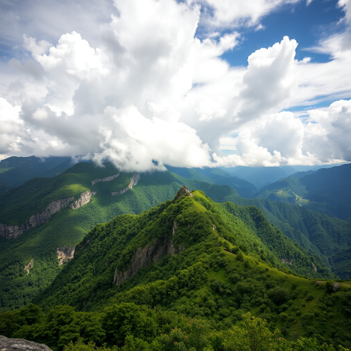 Capture a breathtaking mountain landscape with lush greenery and dramatic cloud formations, using a Canon EOS R5 camera, 24mm lens, f/8 aperture, ISO 100, 1/200 sec shutter speed, with a wide-angle view and HDR style for enhanced details and dynamic range.