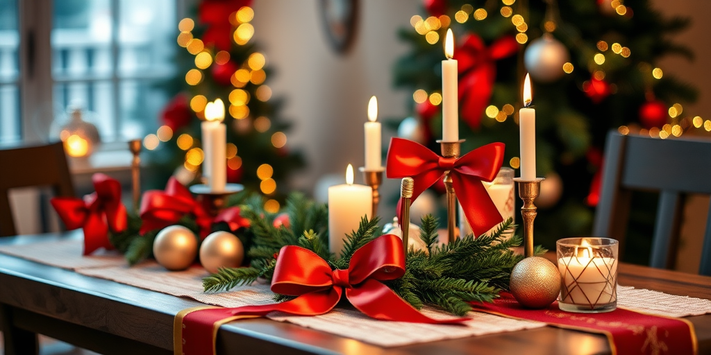 Generate a festive Christmas scene featuring a decorated table with a red bow, candles, ornaments, and greenery, shot with a DSLR camera at f/2.8, ISO 100, 1/125s, in a wide-angle view and bokeh effect for enhanced background blur.
