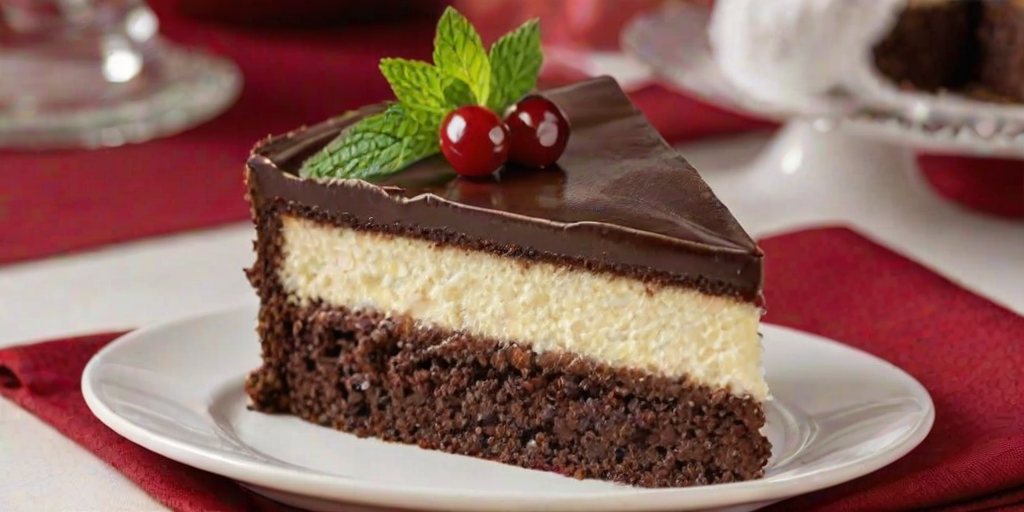 Create an image of a beautifully layered cake slice on a white plate. The cake should have distinct layers of chocolate, vanilla, and mousse, topped with a glossy chocolate ganache. Decorate the plate with fresh mint leaves and sugared cranberries. The background should include a festive setting with a red cloth and a whole cake in soft focus.