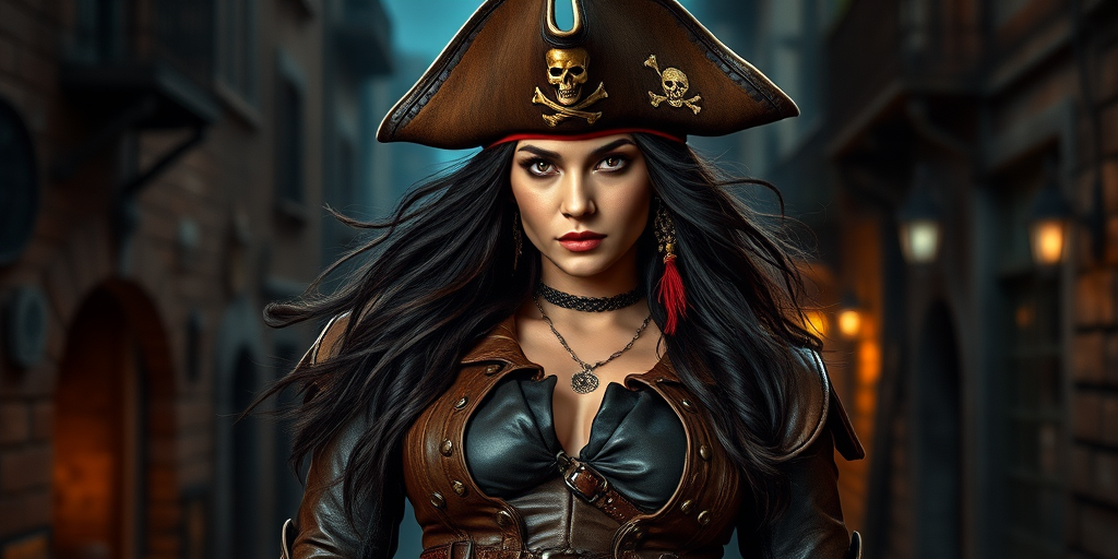 Create a portrait of a fierce female pirate. She wears a leather tricorn hat adorned with a skull and crossbones emblem, and her long, dark hair flows around her face. Her outfit consists of a richly detailed leather jacket, a corset, and multiple layers of belts and accessories, giving her a formidable and stylish appearance. She stands confidently in a dimly lit, historic port town, with a backdrop of weathered buildings and cobblestone streets, capturing the adventurous spirit of a pirate.