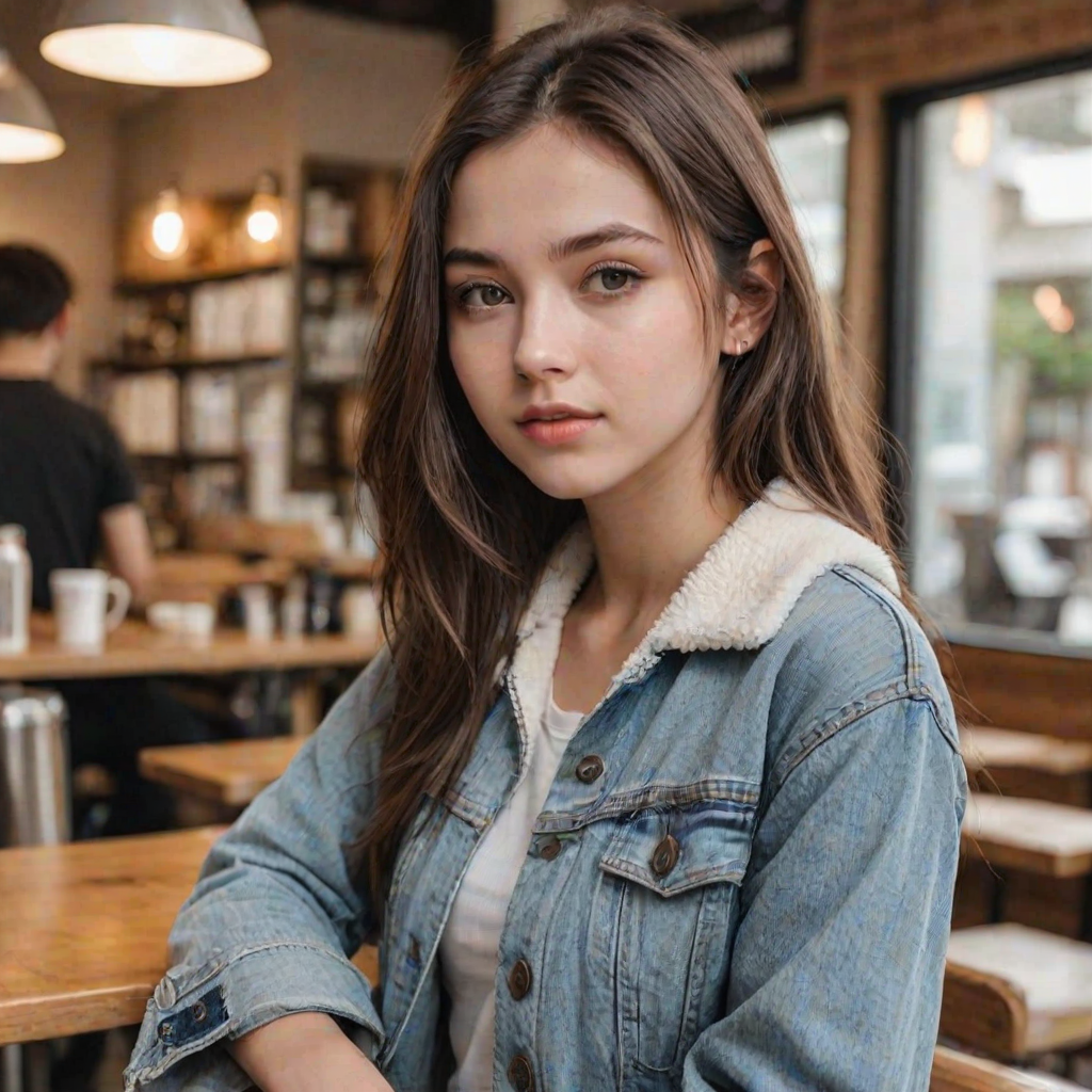 score_9, score_8_up, score_8, score_7_up, score_7, score_6_up, score_6, score_5_up, score_5,  21 year old 1girl, beautiful face, cute girl, gorgeous, supermodel, dark brown eyes, shoulder-length straight hair, parted in the middle, furry denim jacket, white tank top, makeup. Pale smooth Skin, coffee shop blurry background.