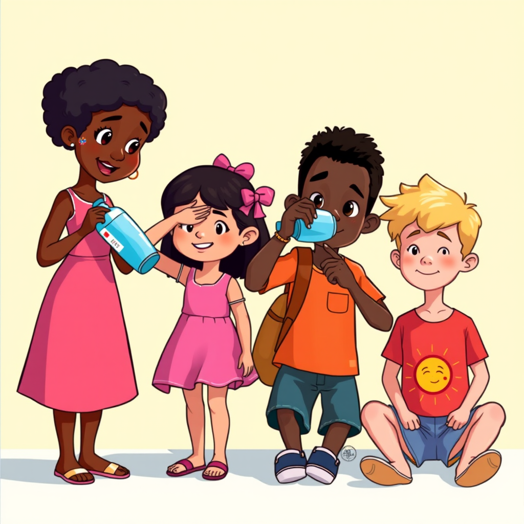 Create a vibrant digital illustration of four diverse cartoon characters: a black woman pouring water from a bottle, a girl in a pink dress shielding her eyes from the sun, a boy drinking from a bottle, and a blonde boy sitting with a sun graphic, all set against a bright background; use a Canon EOS 5D Mark IV with a 50mm f/1.8 lens, aperture set at f/8, ISO 200, and take from a slightly elevated angle to enhance depth and clarity.