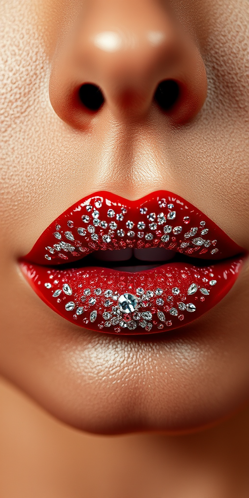 Glamorous woman lips embellished with crystal-encrusted gloss, full face portrait sparkling with red carpet-worthy sophistication