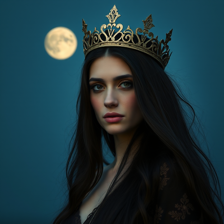 Portrait of a mystical woman with long dark hair and a crown, against a moonlit background, taken with a DSLR camera at f/1.8 aperture, ISO 100, 50mm lens, soft focus style, natural light illumination, high dynamic range.