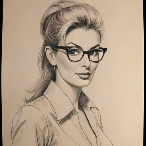 Magnificent Faith Hill, pencil sketch, portrait of Charming woman 1955s in glasses, hair style beatnik, outline, clear lines, fine lines, 8k
