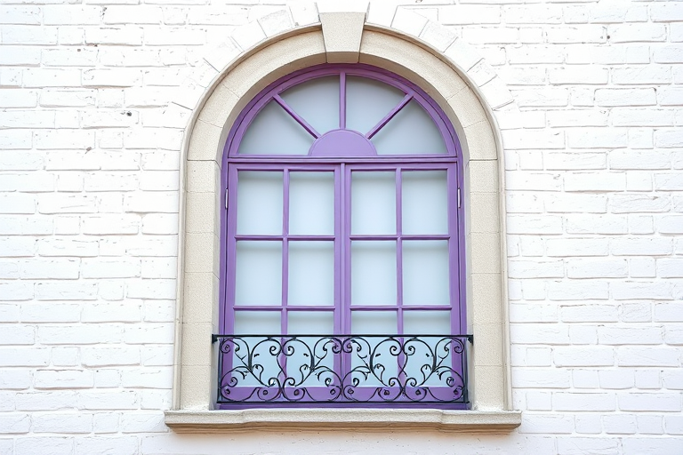 Create a high-resolution image of a classic window with an arched top, featuring a pastel purple pane, ornate ironwork beneath, set against a textured white brick wall, shot with a DSLR camera at f/2.8 aperture, ISO 100, in natural light to enhance the colors and details.