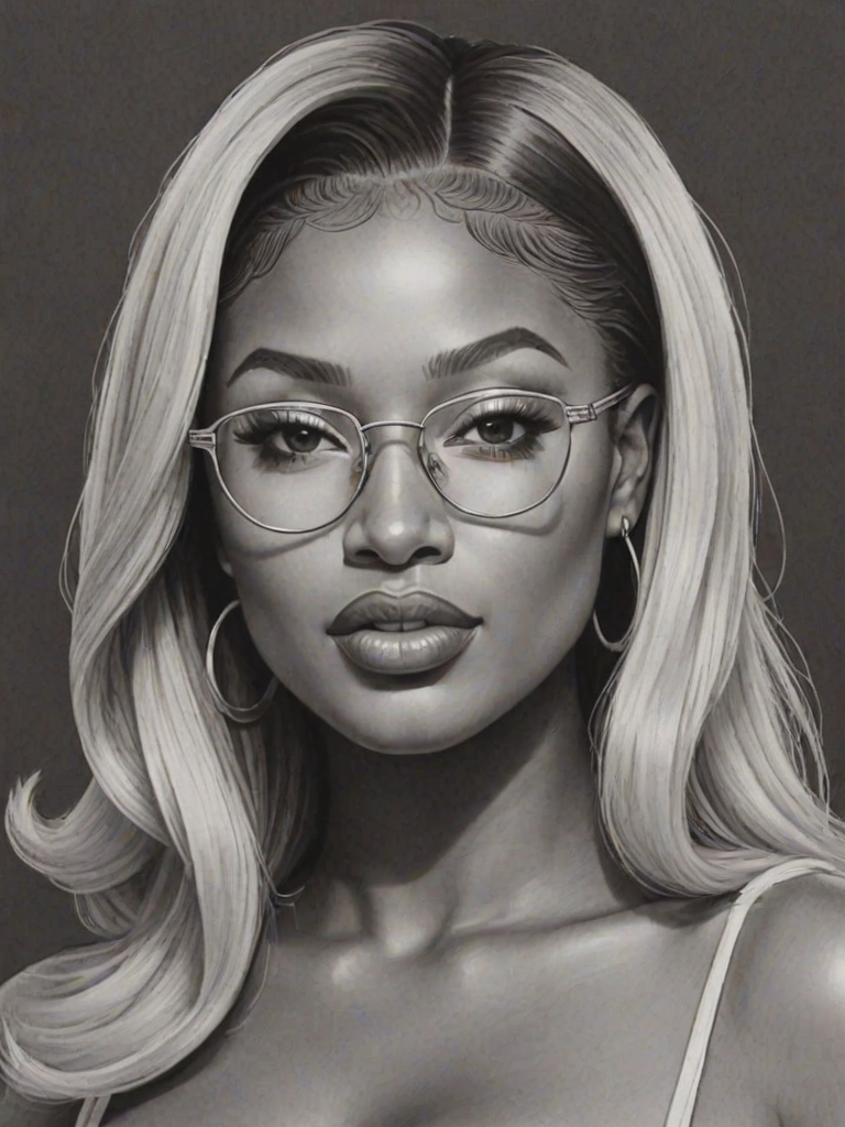 Dazzling Megan Thee Stallion, pencil sketch, portrait of Radiant woman 1955s in glasses, hair style beatnik, outline, clear lines, fine lines, 8k