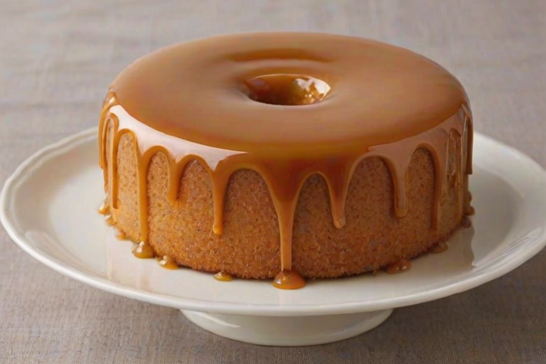 Create an image of a round cake with a smooth caramel glaze on top. The cake should have a spiral pattern on the surface and be sliced to reveal its light-colored sponge layers inside. The setting should have a simple white tablecloth background.