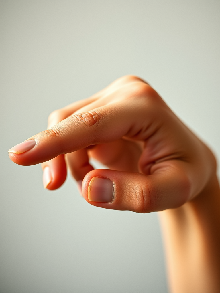 Generate a realistic illustration of a hand in a pinching gesture, focus on details like skin texture and lighting, use a Canon EOS 5D Mark IV with a 50mm f/1.8 lens, aperture set to f/2.8, ISO 100, and a shallow depth of field to enhance image quality.
