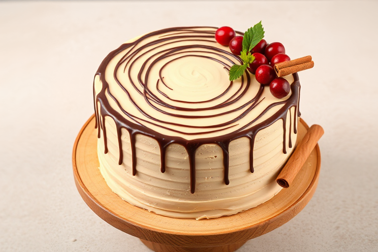 A beautifully decorated cake on a wooden cake stand featuring a smooth beige frosting topped with a circular design of chocolate drizzle and surrounded by fresh cranberries and green leaves, with a couple of cinnamon sticks artfully placed on the side. The background has a soft, neutral tone that complements the cake's warm colors.