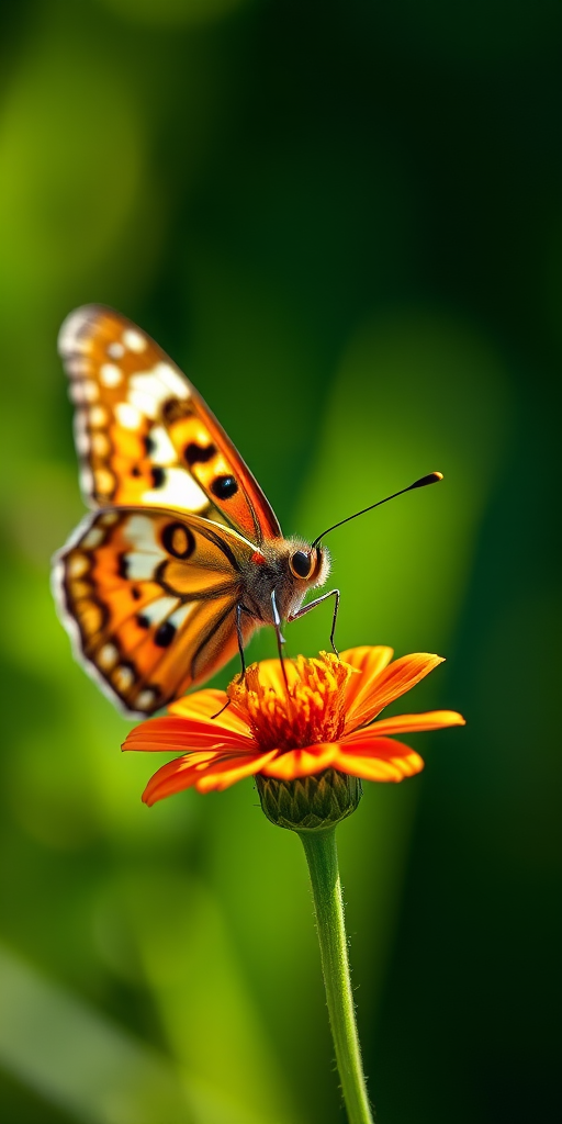 close-up of a butterfly perched on a flower with a blurred green background, aperture f/2.8, shutter speed 1/200s, ISO 100, macro lens, soft natural light, high-resolution image.