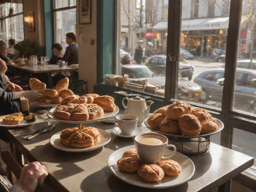 Cafe filled with the aroma of freshly baked pastries, with people enjoying breakfast, sunlight streaming through the windows, and the soft hum of conversation.