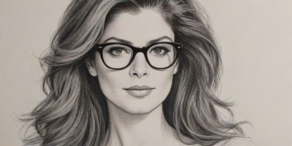 Splendid Debra Messing, pencil sketch, portrait of Ravishing woman 1977s in glasses, hair style beatnik, outline, clear lines, fine lines, 8k