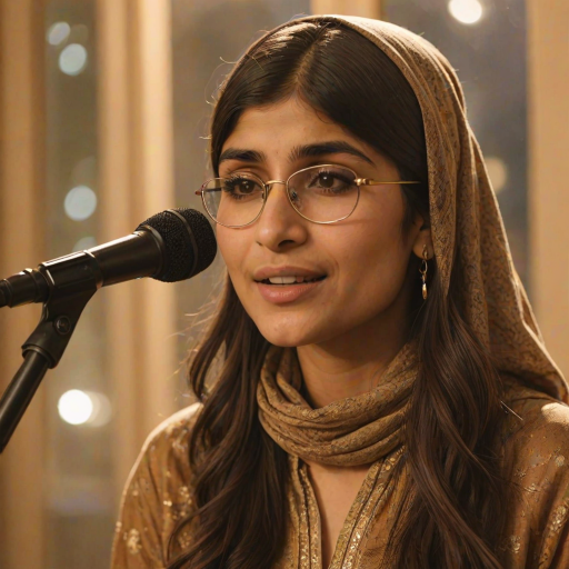 A close-up portrait of a mia khalifa with her eyes closed, singing into a microphone, positioned on the right side of the frame, facing the viewer. She is wearing a brown headscarf, gold earrings, and a brown blouse, and is bathed in warm, golden light emanating from the windows behind her. A blurred figure of a man singing into a microphone is visible in the background. The scene has a sense of calm and spirituality.