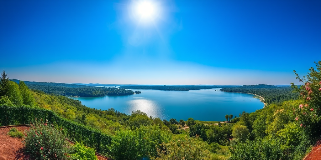 Generate a vibrant landscape featuring lush greenery and a serene lake under a bright blue sky, captured with a Canon EOS R5 at f/8, ISO 100, 1/200 sec, wide-angle view, in HDR style for enhanced details and colors.