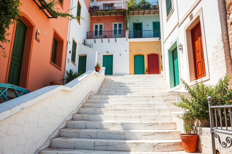 Regenerate the image of a white stone staircase leading to colorful houses with green and brown doors in a sunlit setting, using a DSLR camera with a 35mm lens, aperture set to f/8 for depth of field, ISO 200 for clarity, and a wide-angle view to capture the scene comprehensively.