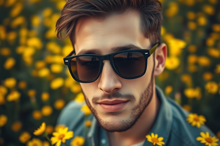 Capture a close-up portrait of a man wearing stylish sunglasses, surrounded by a vibrant field of yellow flowers, taken with a Canon EOS R5, 50mm lens, f/1.8 aperture, ISO 100, and soft golden hour lighting for a dreamy effect.