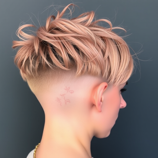 Rose gold pixie undercut with delicate floral designs etched into the buzzed portions, called "Blossoming Dawn" hair, featuring a textured crown and wispy tendrils