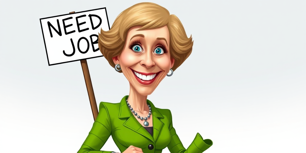 caricature of a smiling Maggie Smith in a Asparagus dress or suit, holding up a sign that says "NEED A JOB", no watermark,