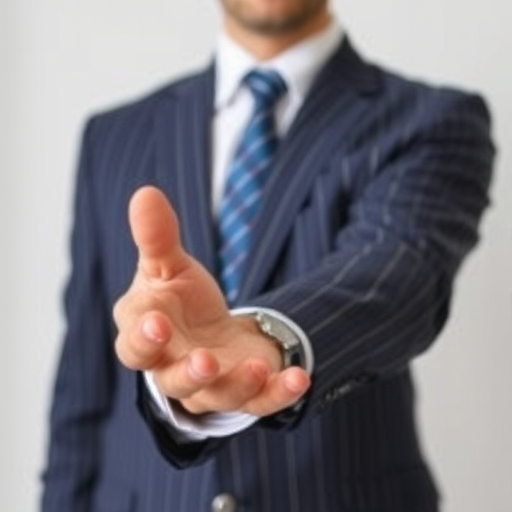 a business professional's hand extending outward, dressed in a pinstripe suit, with a neutral background
