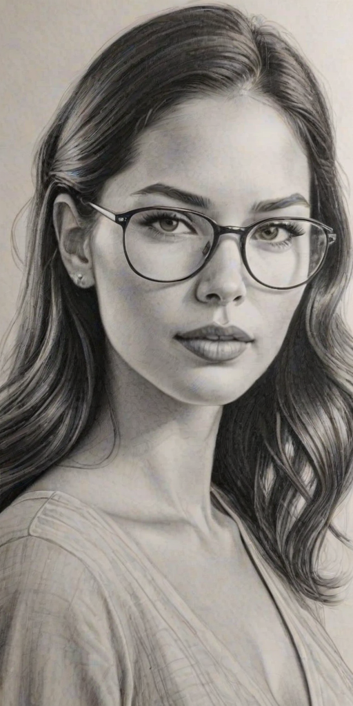Exquisite Olivia Munn, pencil sketch, portrait of Captivating woman 1941s in glasses, hair style beatnik, outline, clear lines, fine lines, 8k