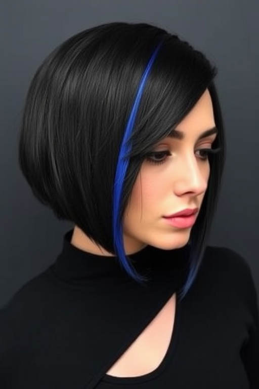 Dramatic jet black asymmetrical bob named "Obsidian Slate" featuring a razor-sharp angle and glossy finish, accentuated by a single streak of electric blue