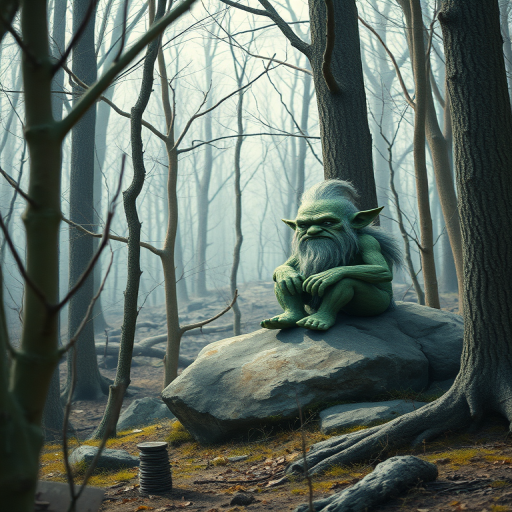 A detailed, mystical forest scene featuring a troll seated on a rock, surrounded by barren trees, in a vintage watercolor style, captured with a Canon EOS R5, 50mm lens, f/2.8 aperture, ISO 100, in soft natural lighting for enhanced depth and clarity.