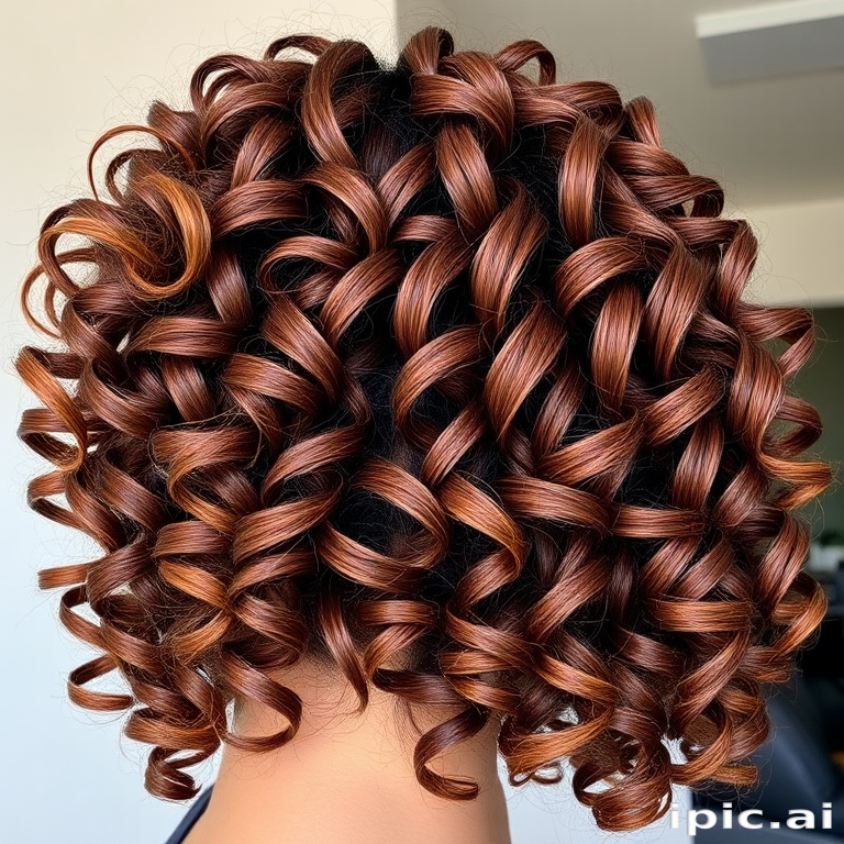 Luscious chocolate brown curls dubbed "Cocoa Ringlets" bouncing with natural volume and shine, enhanced by caramel balayage highlights and defined spiral patterns