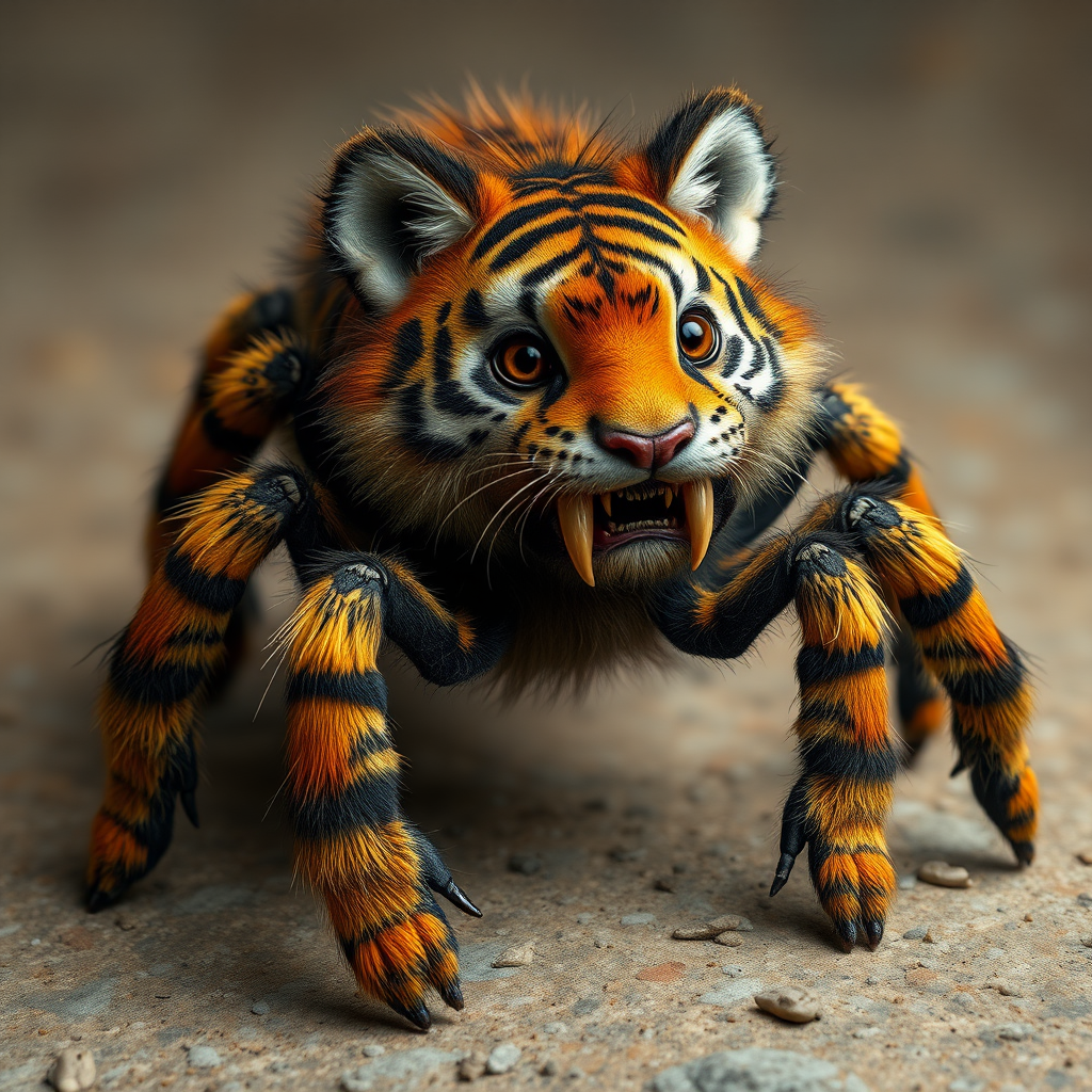 This charming yet frightening Spider Tiger features six legs, a hairy, furry body, and a cat-like tiger physique combined with an insectoid tiger head and tiger legs. The furry head further adds to the creature's unique appearance, creating a captivating blend of cuteness and fear that makes this six-legged, furry, insect-inspired tiger both adorable and scary.