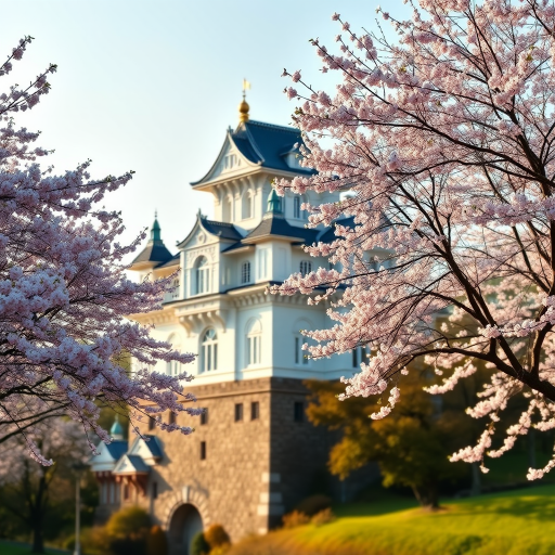 a picturesque white castle with intricate architecture surrounded by cherry blossom trees in full bloom, soft morning light illuminating the scene, captured with a DSLR camera at f/2.8 aperture, 50mm lens, ISO 100, in HDR style, with a slight angle from the left to enhance depth and perspective